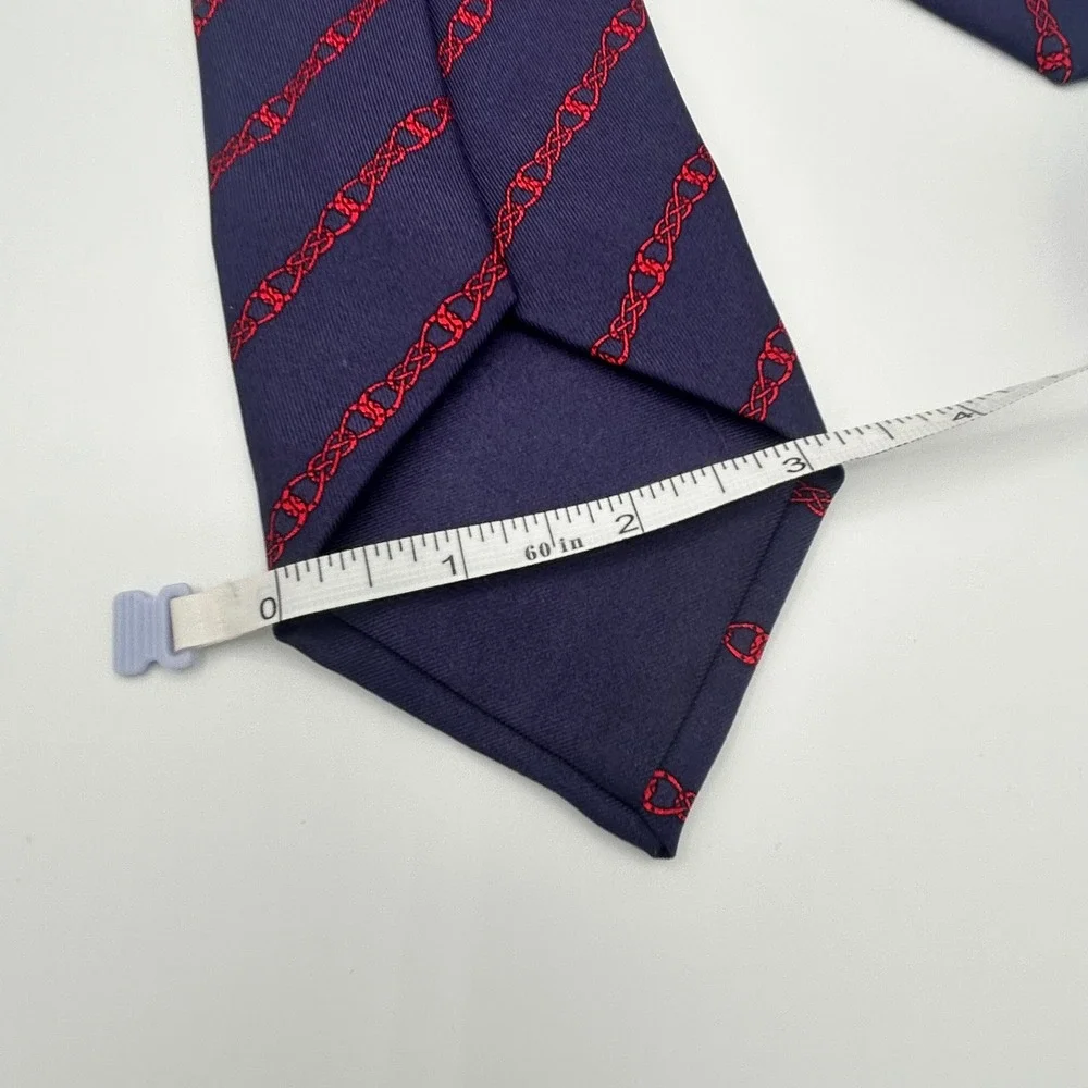Hermes Paris Mens Silk Tie Navy Blue Red‎ Interlocking Chain Link Made in France